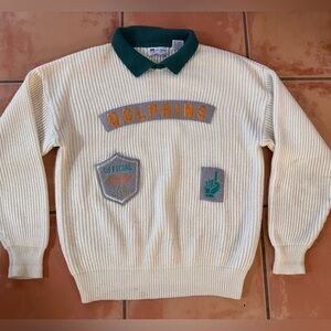 Cliff Engle Vintage wool blend Miami Dolphins Collar White Sweater USA LARGE L